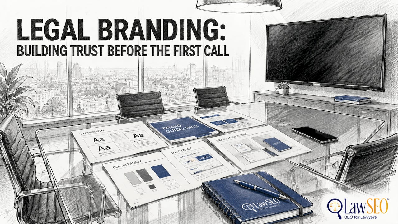 Brand guideline sheets in law firm conference room