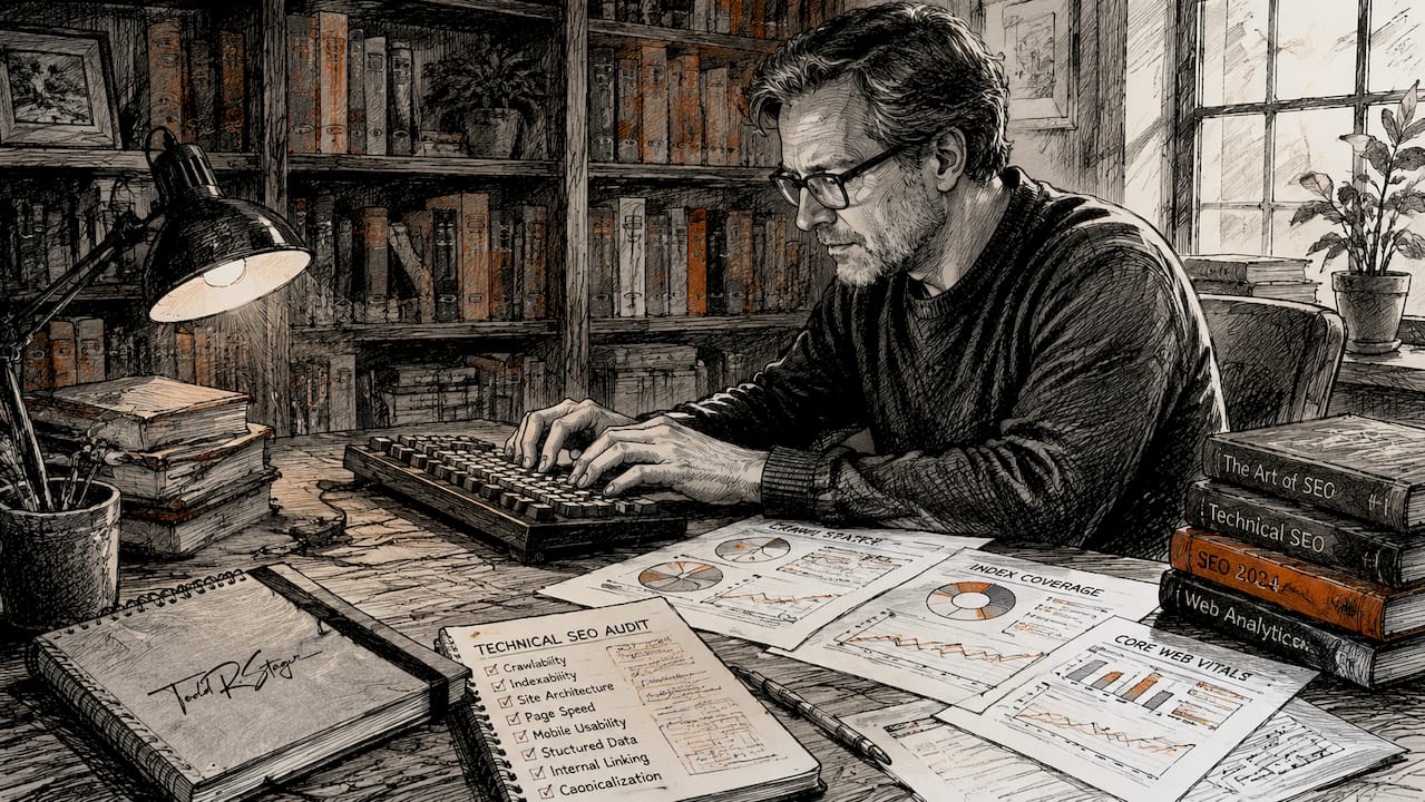 Man performing technical SEO website audit at desk