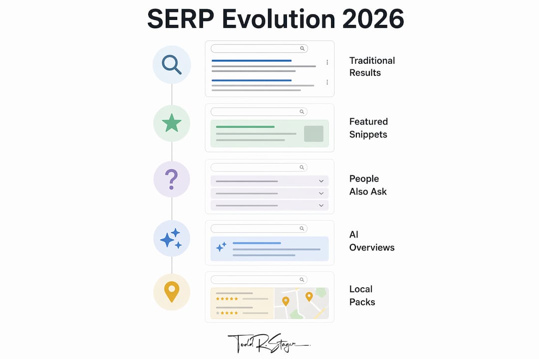 Infographic illustrating evolution and layers of 2026 SERP