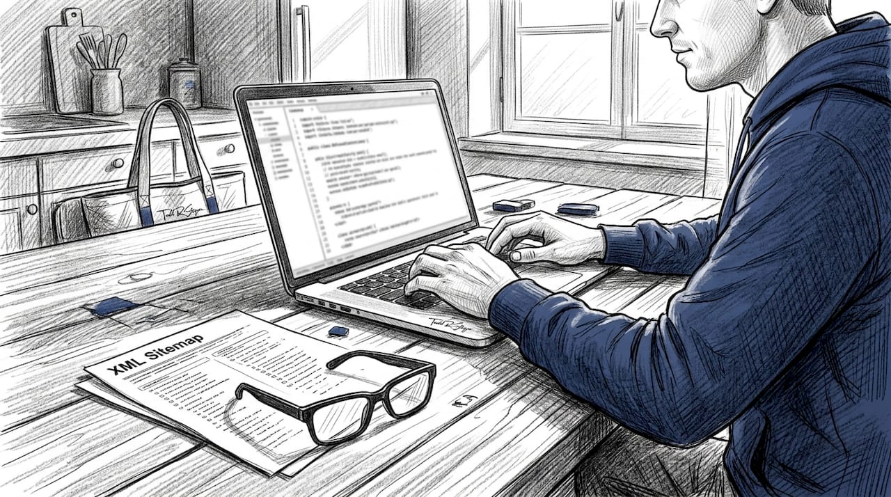 Hands typing near printed XML sitemap document