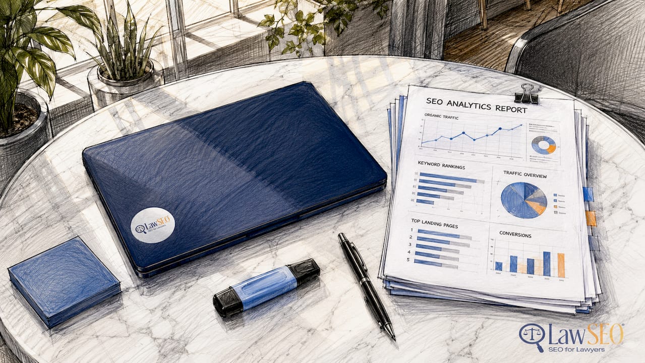 Overhead view of SEO analytics tools on table