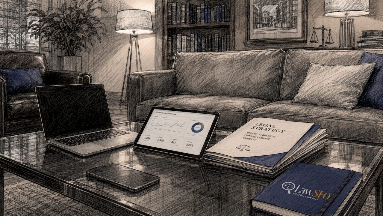 SEO tools and legal brochures arranged on conference table