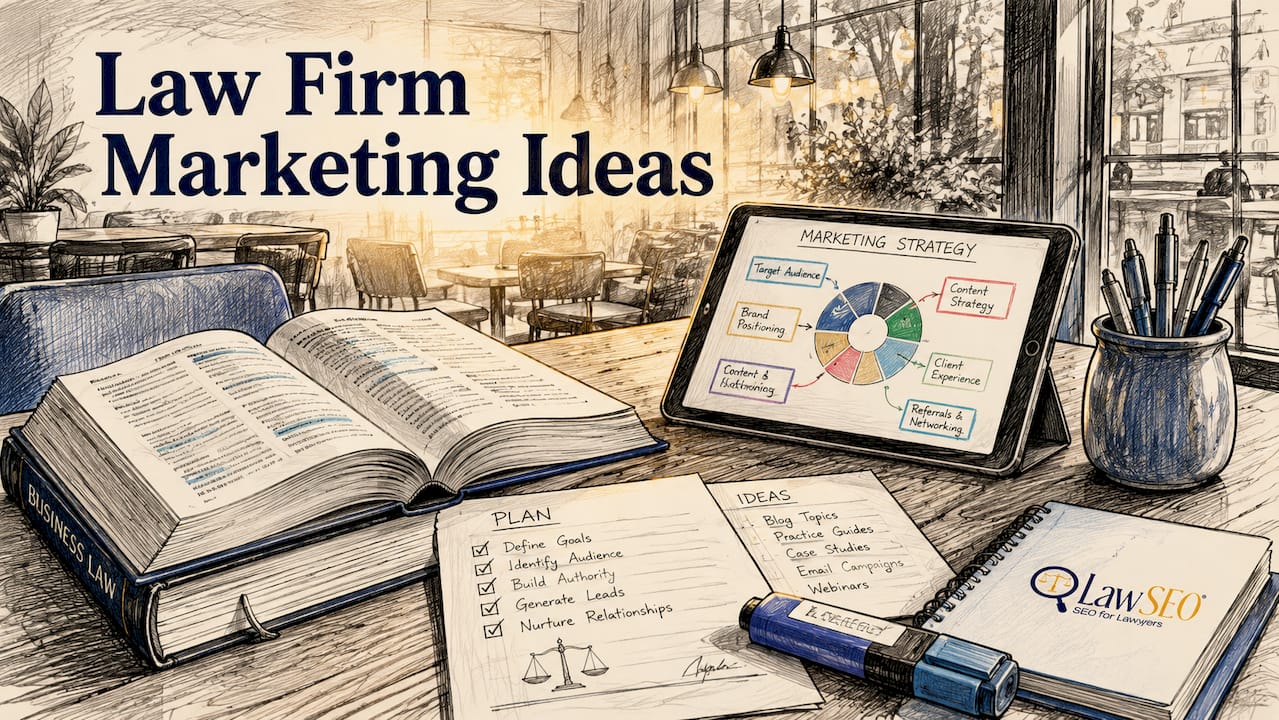 Close-up of legal marketing tools on office desk