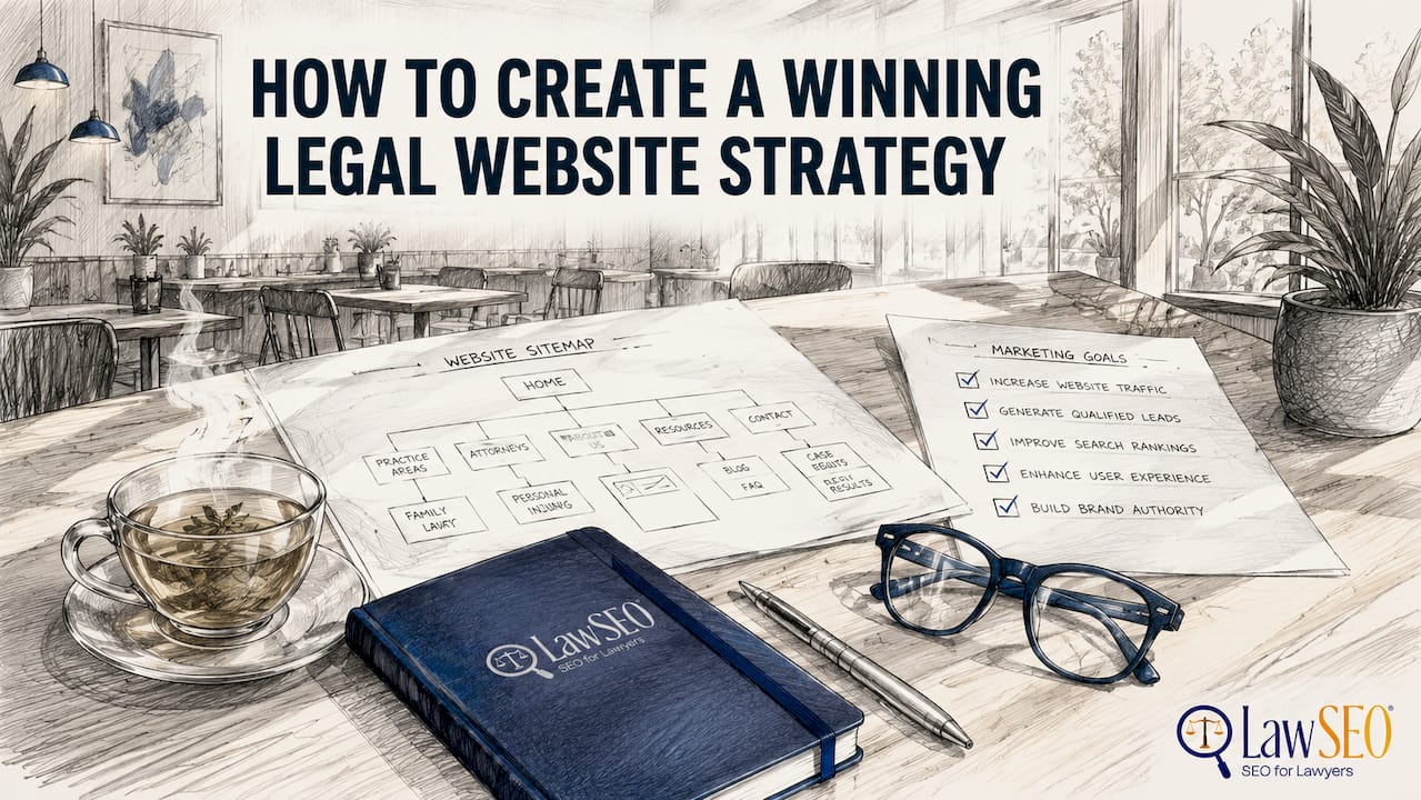 Top view of law firm website planning documents and tools
