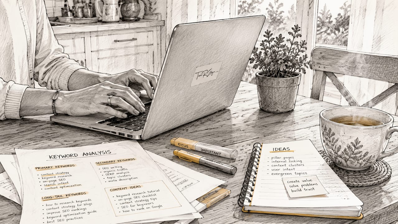 Close-up of hands typing with SEO charts nearby