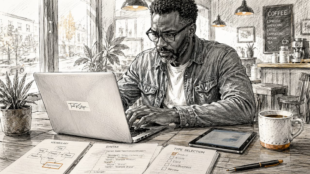 Hands typing schema components on laptop