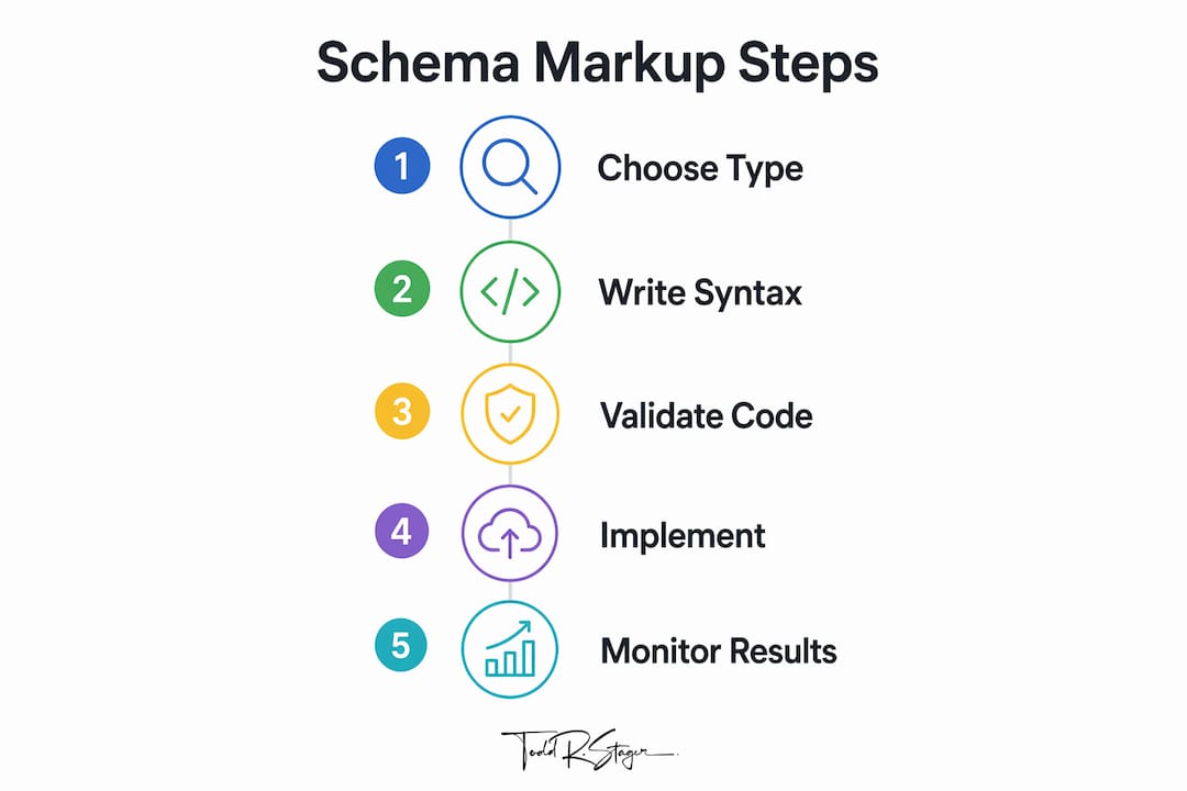 Infographic illustrating schema markup implementation steps