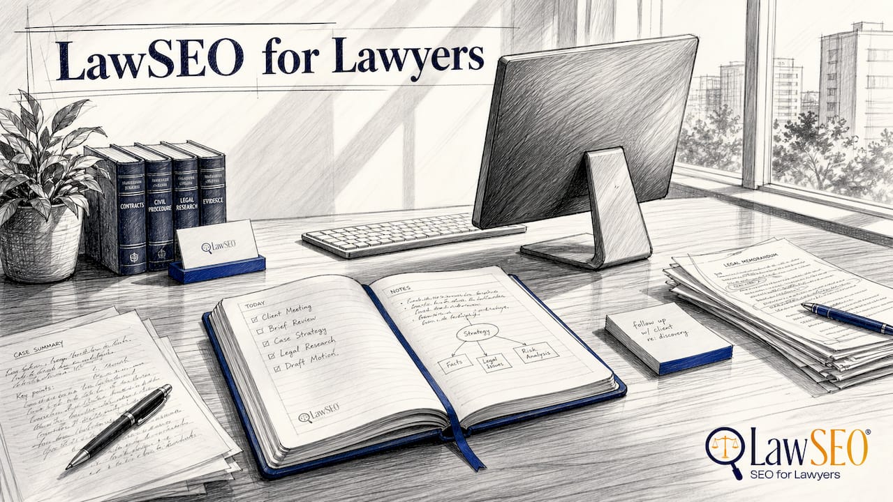 Desktop workspace with legal schema coding papers and laptop