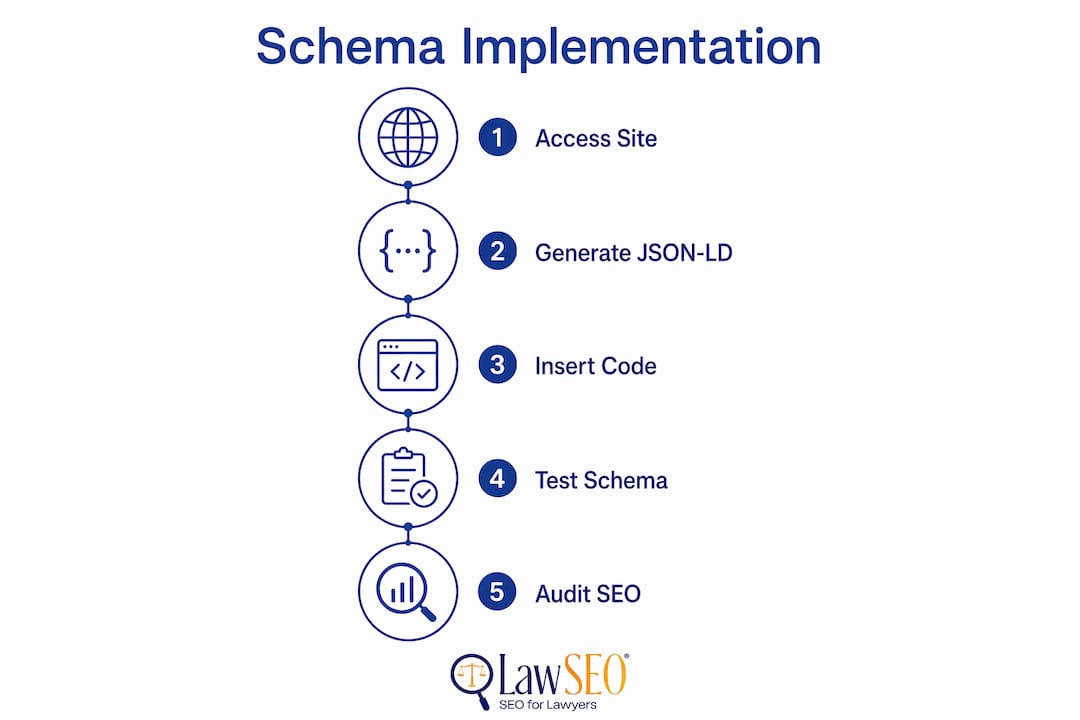 Infographic illustrating law firm schema implementation steps