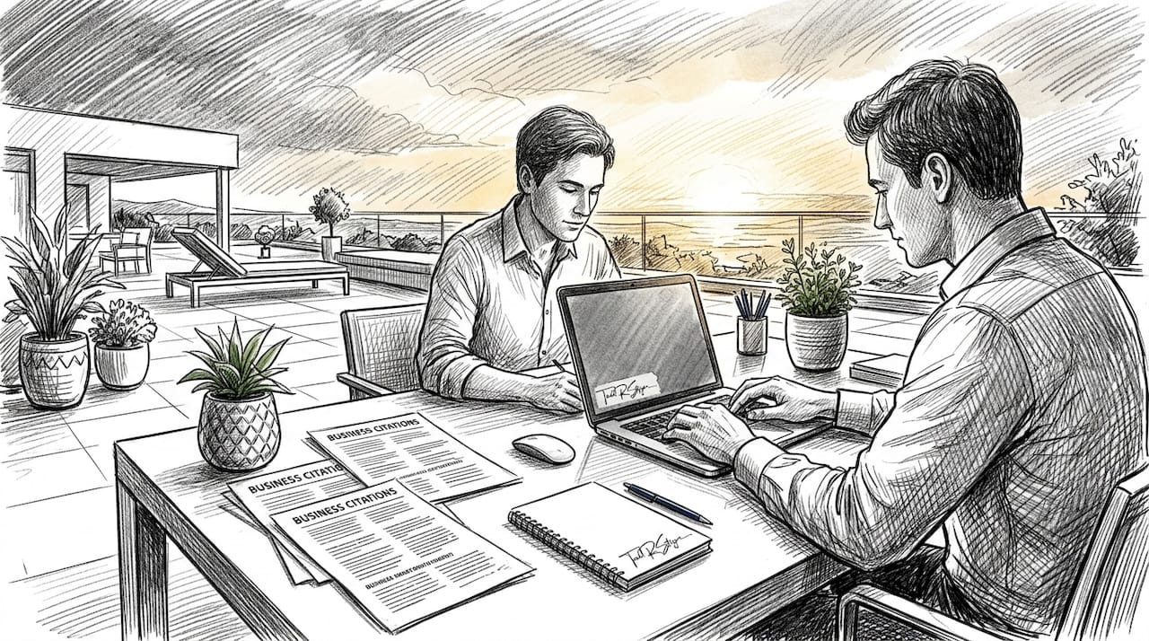 Hands typing with citation notes on desk