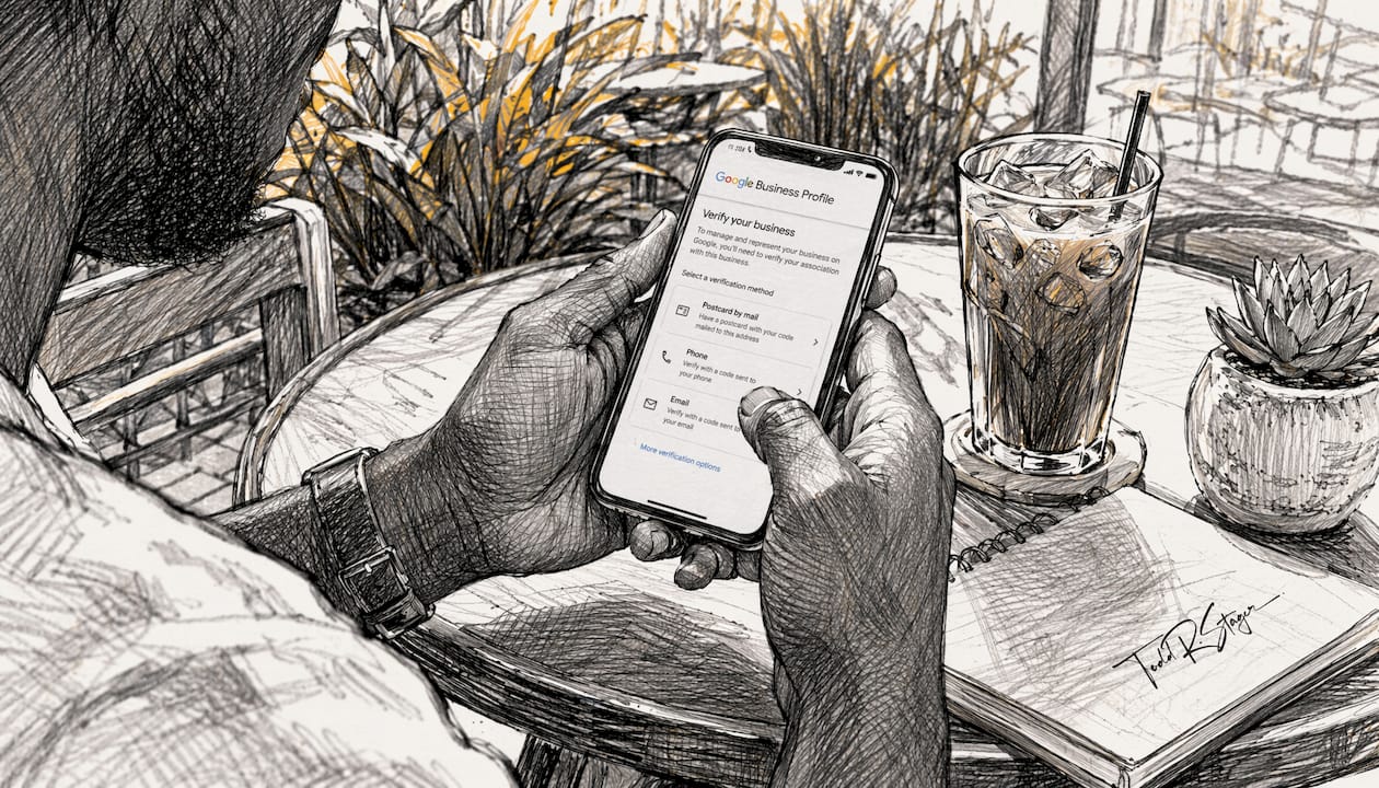 Hands holding smartphone verifying business profile