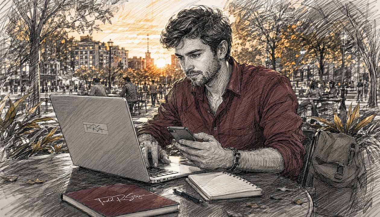Hands multitasking on laptop and smartphone