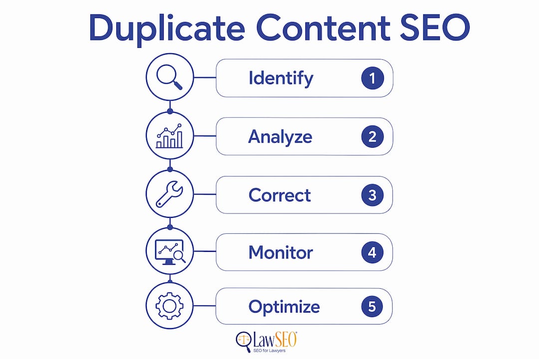 Infographic showing key steps to manage duplicate content for SEO