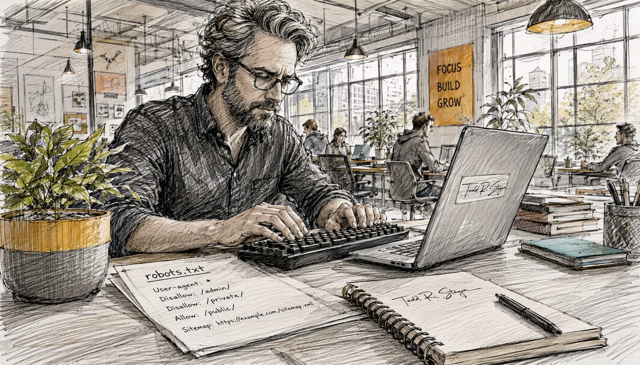 Hands typing robots.txt code on keyboard with printouts