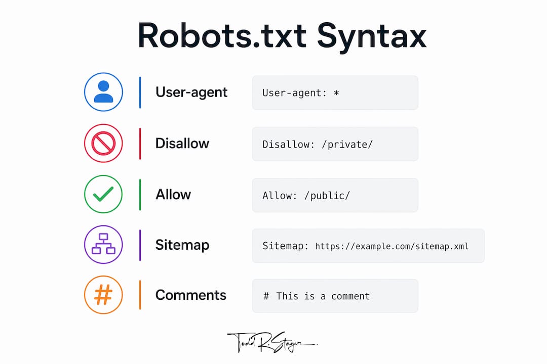 Infographic illustrating steps of robots.txt file syntax and structure
