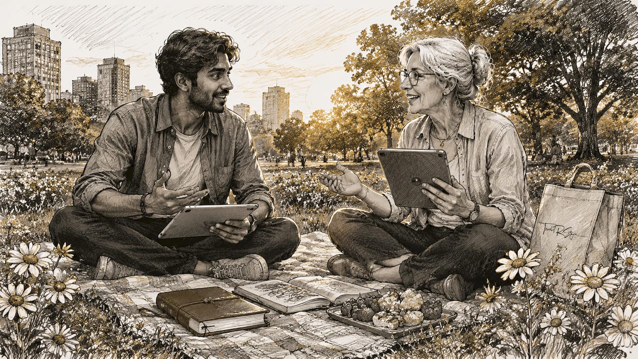 Pair discussing news source credibility at café table