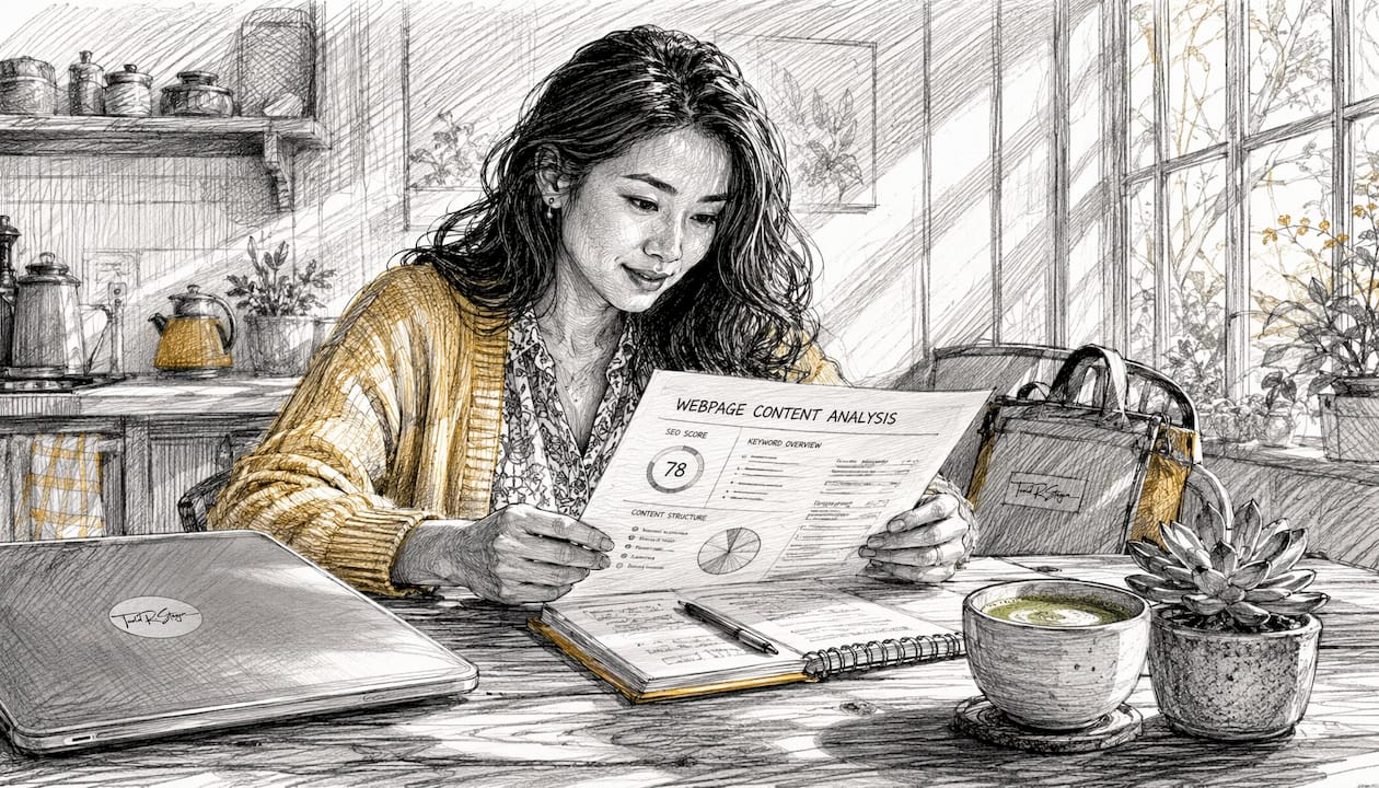 SEO strategist reading page content report at café