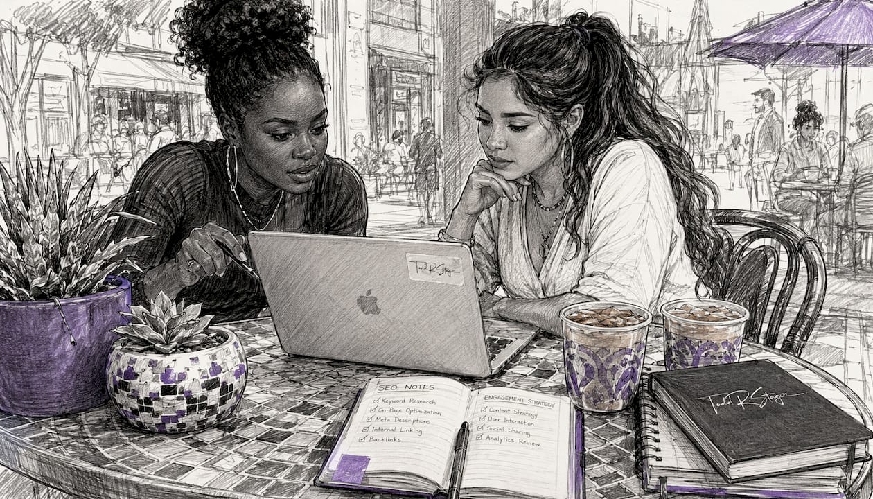Hands scrolling SEO engagement metrics on tablet
