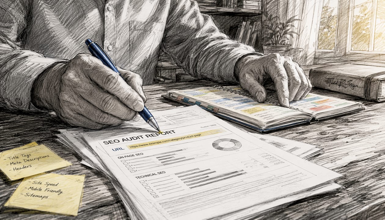 Hands reviewing SEO URL audit reports close-up