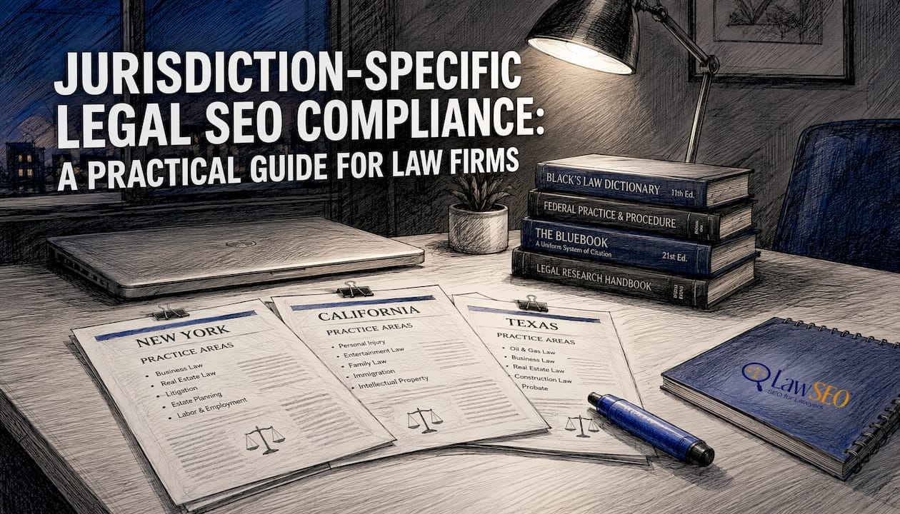 Printed jurisdiction-specific SEO pages on desk