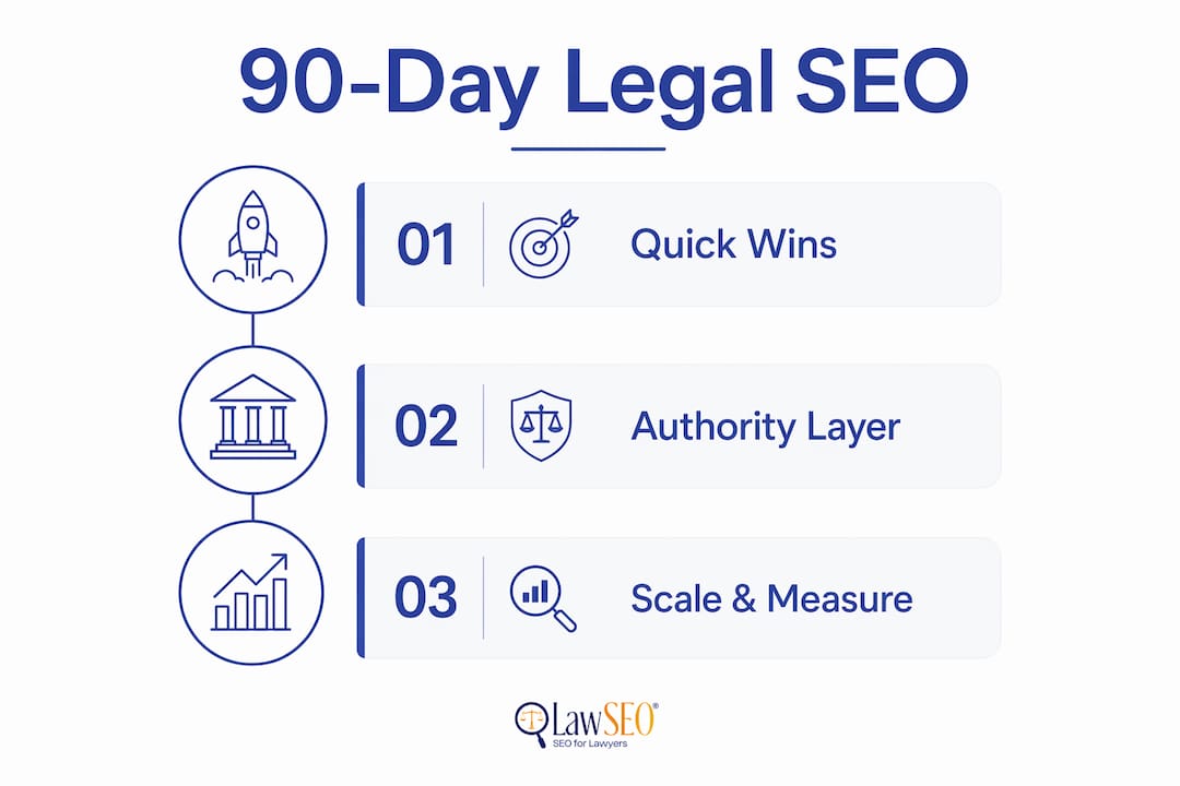 Infographic showing 90-day legal SEO playbook steps