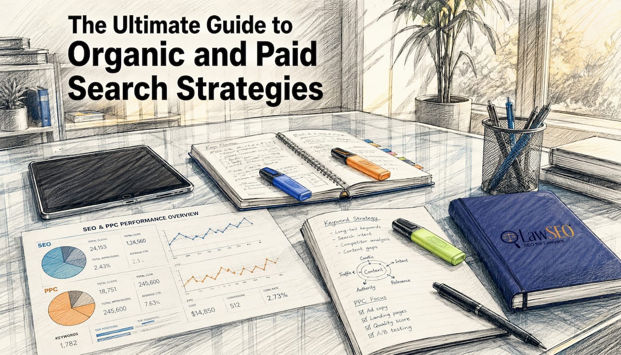 Empty conference table with search marketing tools