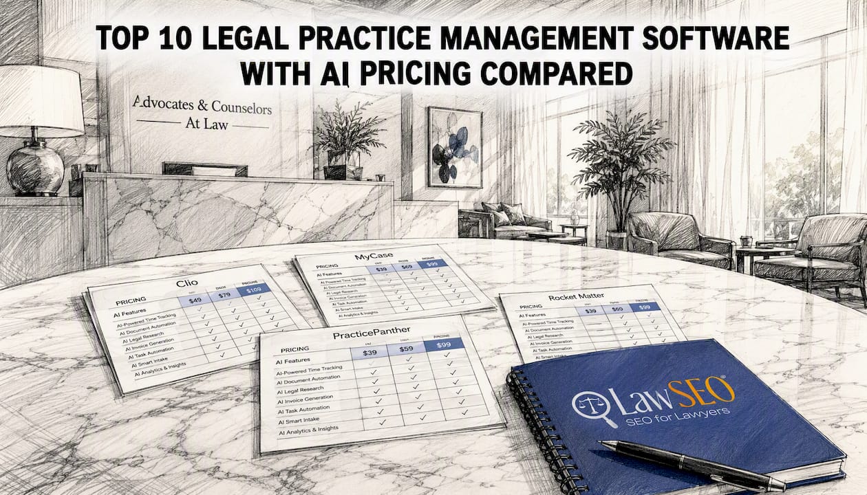 Conference table with legal software price lists and LawSEO branding
