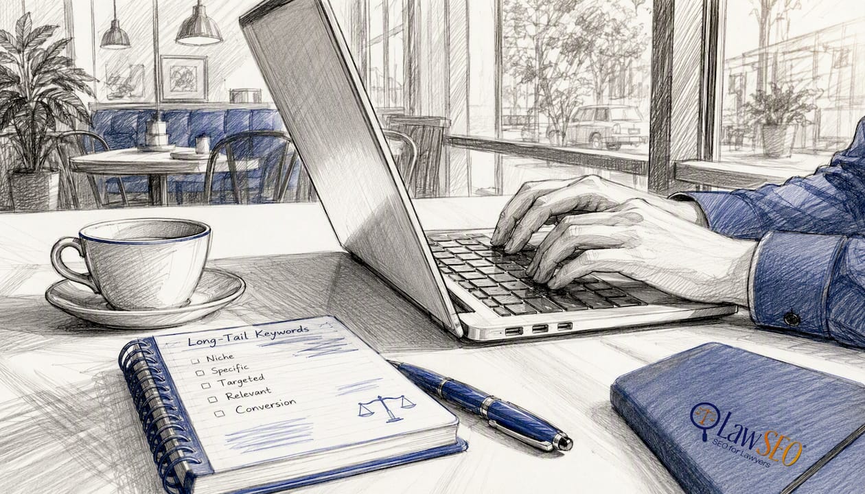 Hands typing near long-tail keyword lists