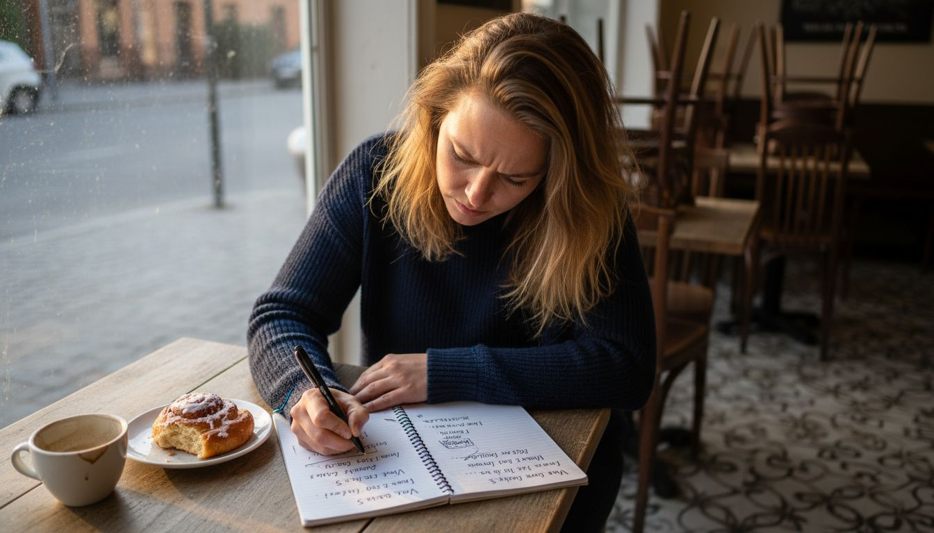 En kvinna sitter på ett café och klurar på roliga skämt till sitt nästa komediprogram.