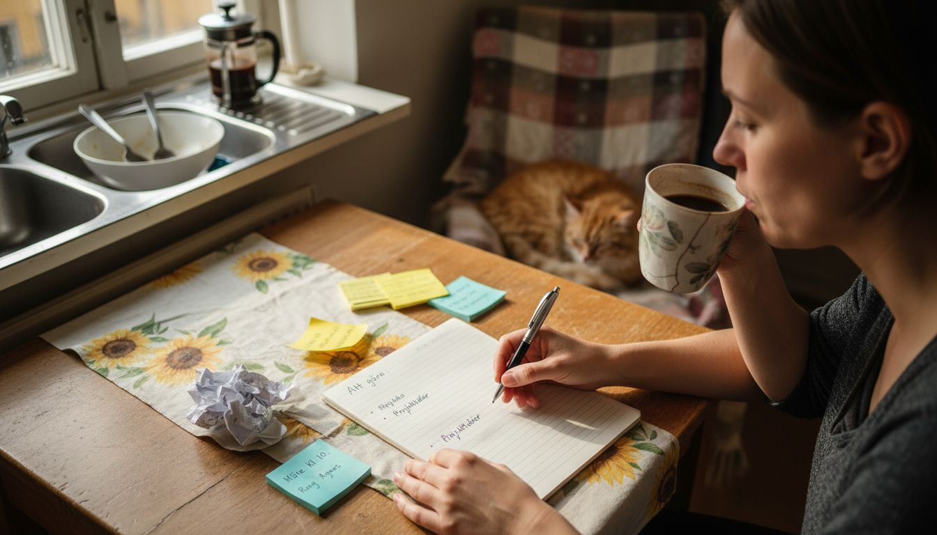 Ståuppkomikern sitter vid köksbordet och klottrar ner nya skämt i sin anteckningsbok.