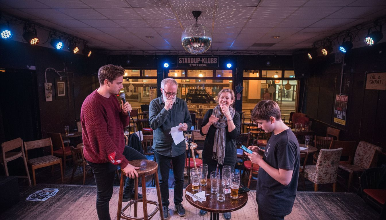 Komiker förbereder sig bakom kulisserna på en klubb i Stockholm