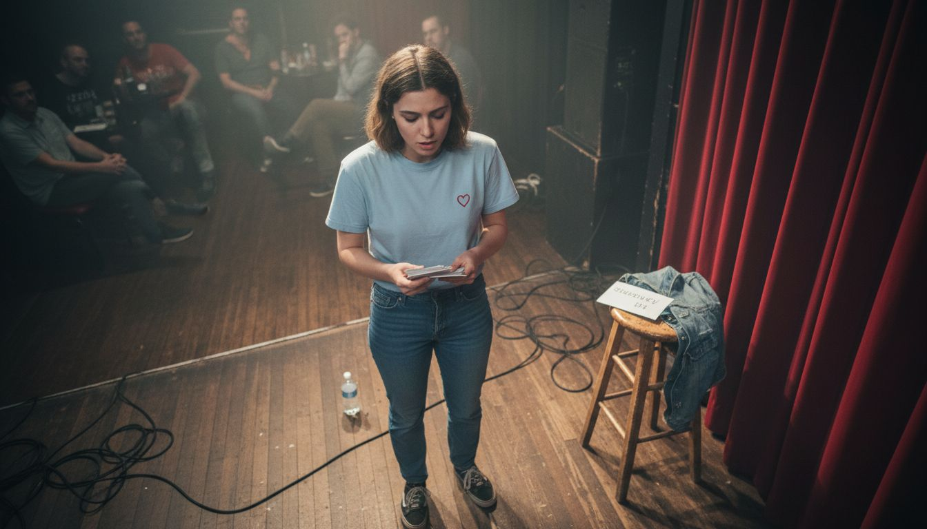 En kvinna står bakom scenen och finslipar sina skämt inför kvällens standup-show.