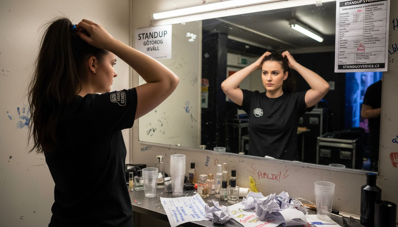 En svensk komiker gör sig redo bakom scenen på klubben.