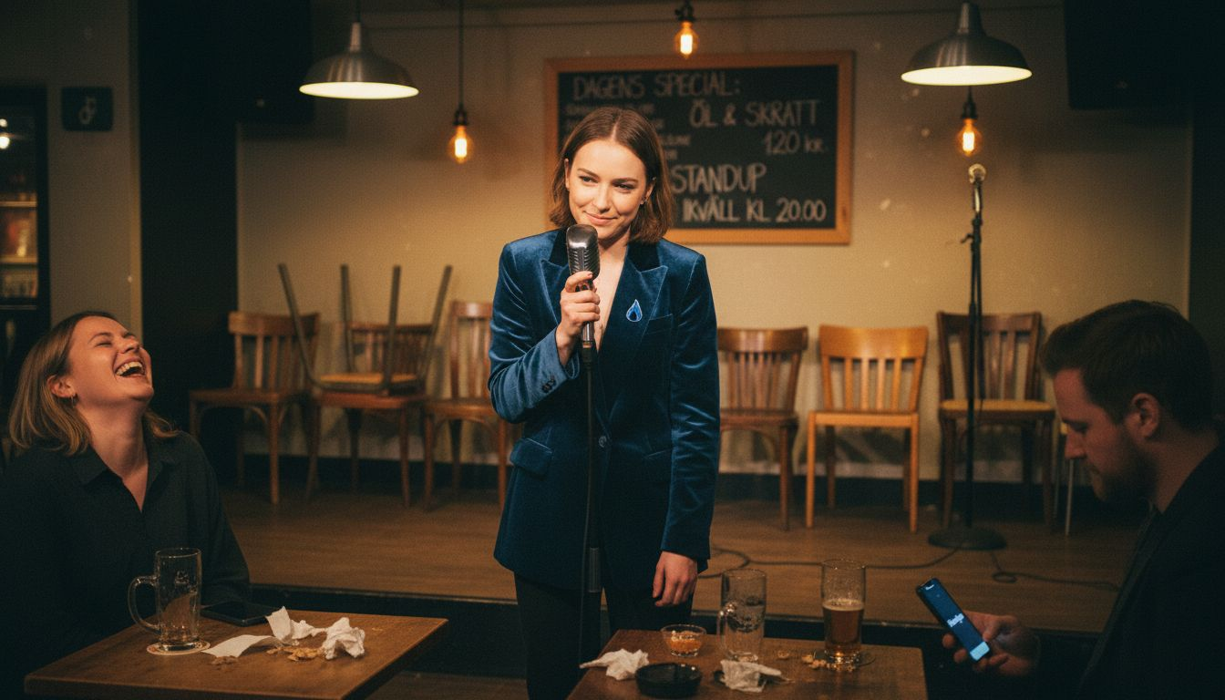 En kvinna kör standup på den lokala kvarterskrogen.