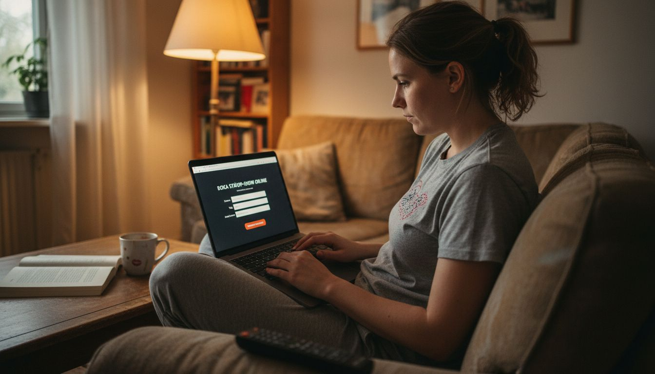 En kvinna sitter i vardagsrummet och fyller i sina bokningsuppgifter på datorn.