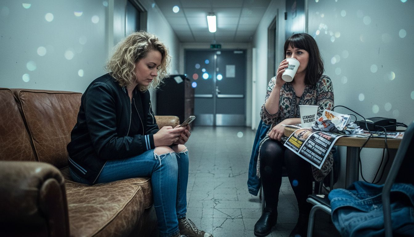 Komikerna samlas bakom scenen och laddar upp inför kvällens föreställning.