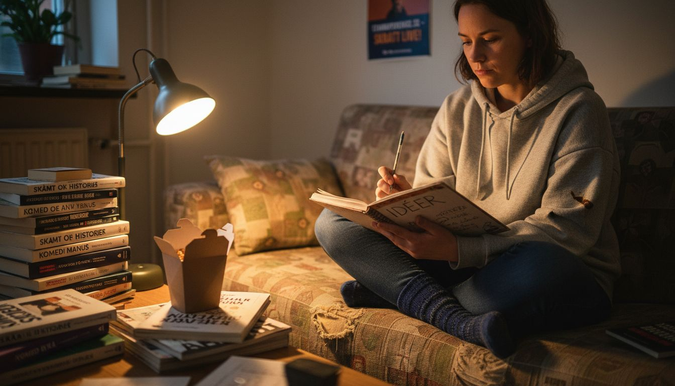 En komiker sitter hemma och klurar på nya skämt och idéer till sitt nästa framträdande.