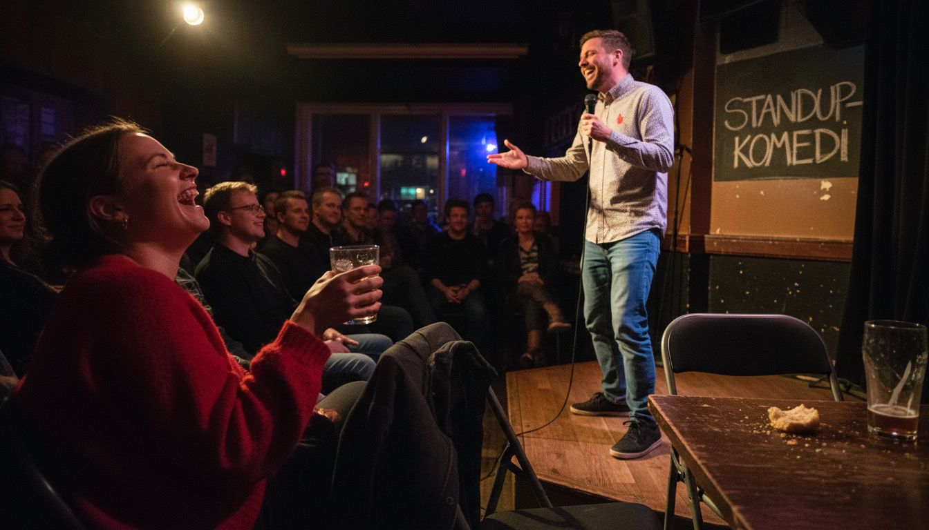 En komiker som får med sig publiken och bjuder in till skratt och spontana reaktioner under en liveföreställning.