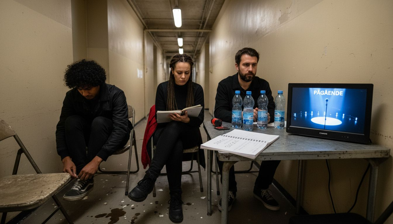 Komikerna gör sig redo bakom scenen innan det är dags att gå upp och köra sitt set.