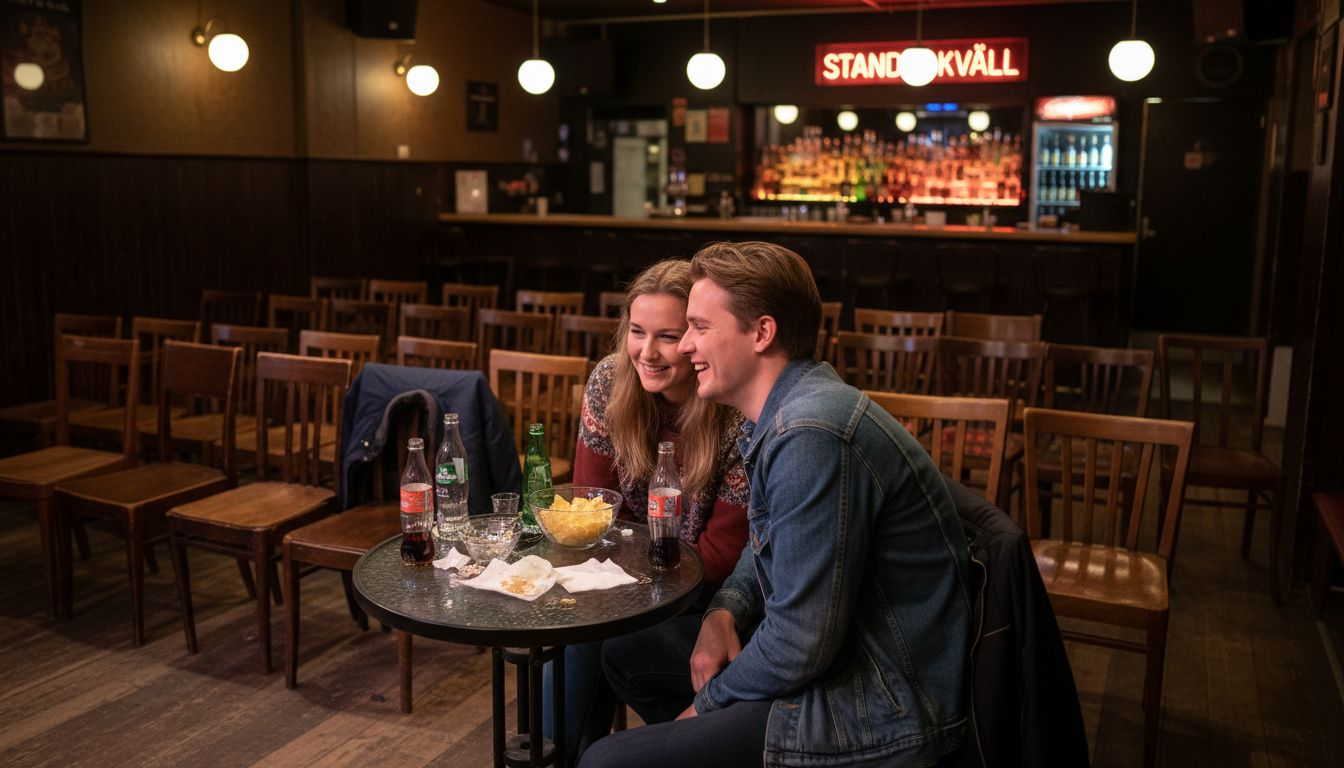 Gästerna sitter runt små bord och väntar på att standupshowen ska börja.