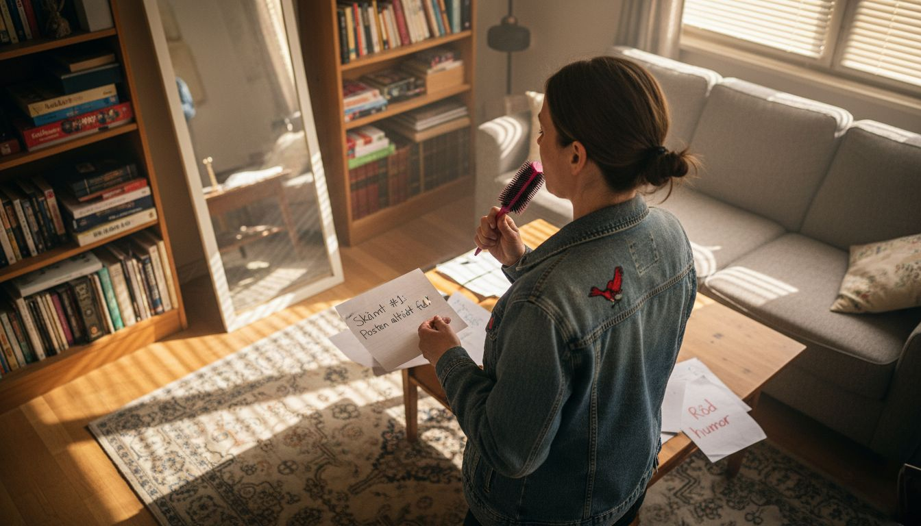 En kvinna övar på sitt standup-material hemma i vardagsrummet.