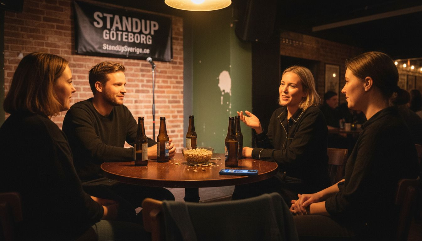 Publiken minglar och pratar med varandra på en svensk standup-klubb.