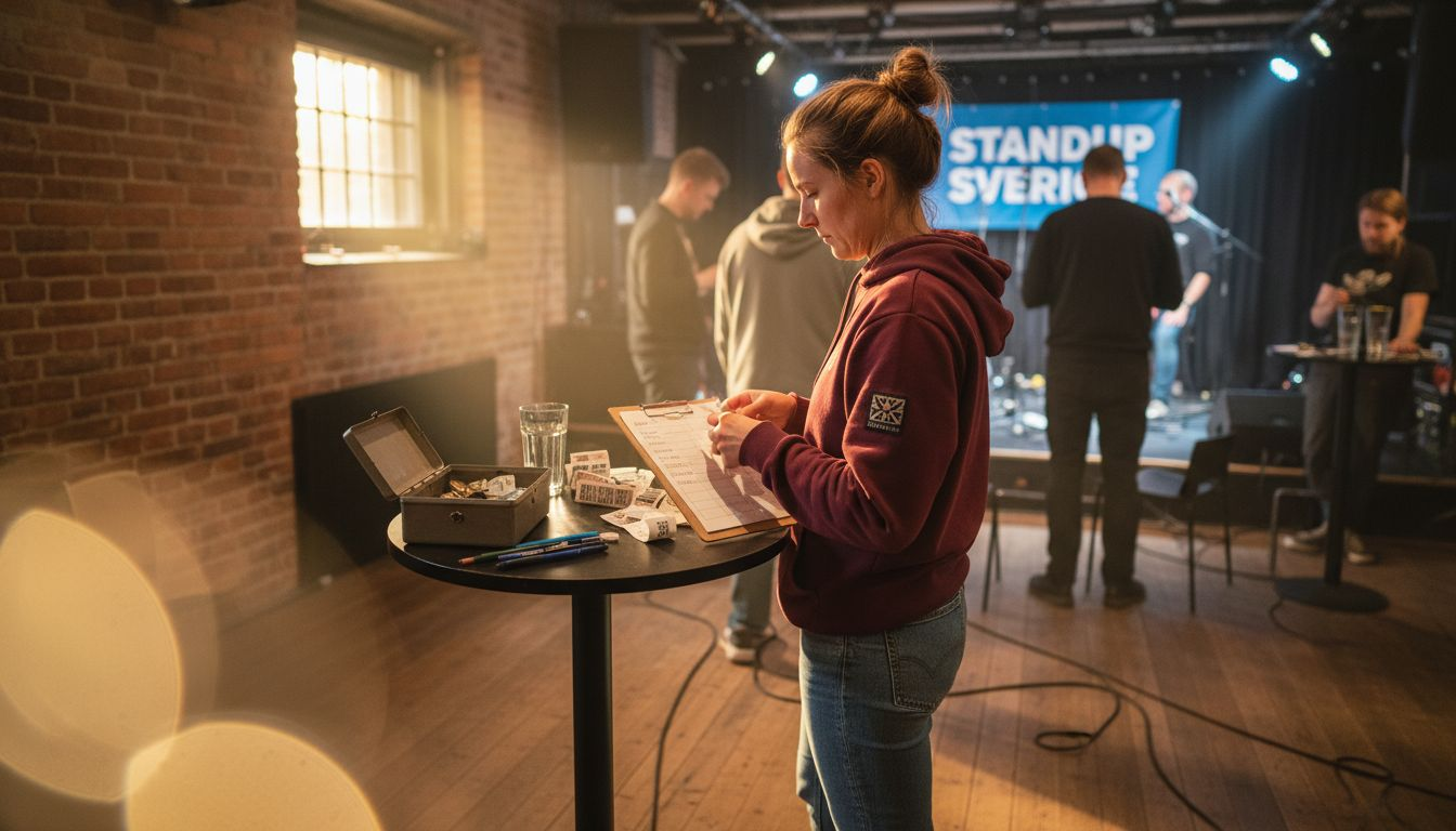 Arrangören laddar upp inför kvällens standup