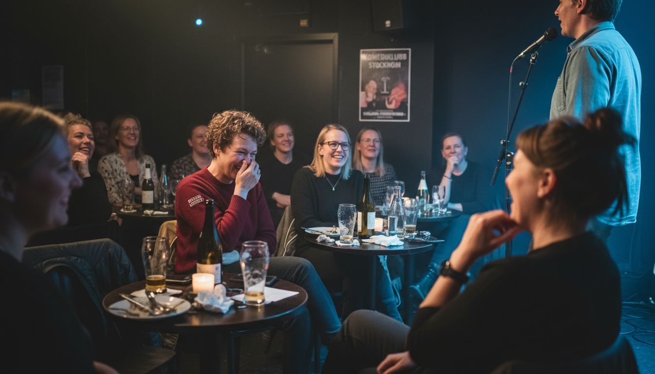 Skratt och glada tillrop fyller lokalen när komikern står på scen under en svensk standup-kväll.