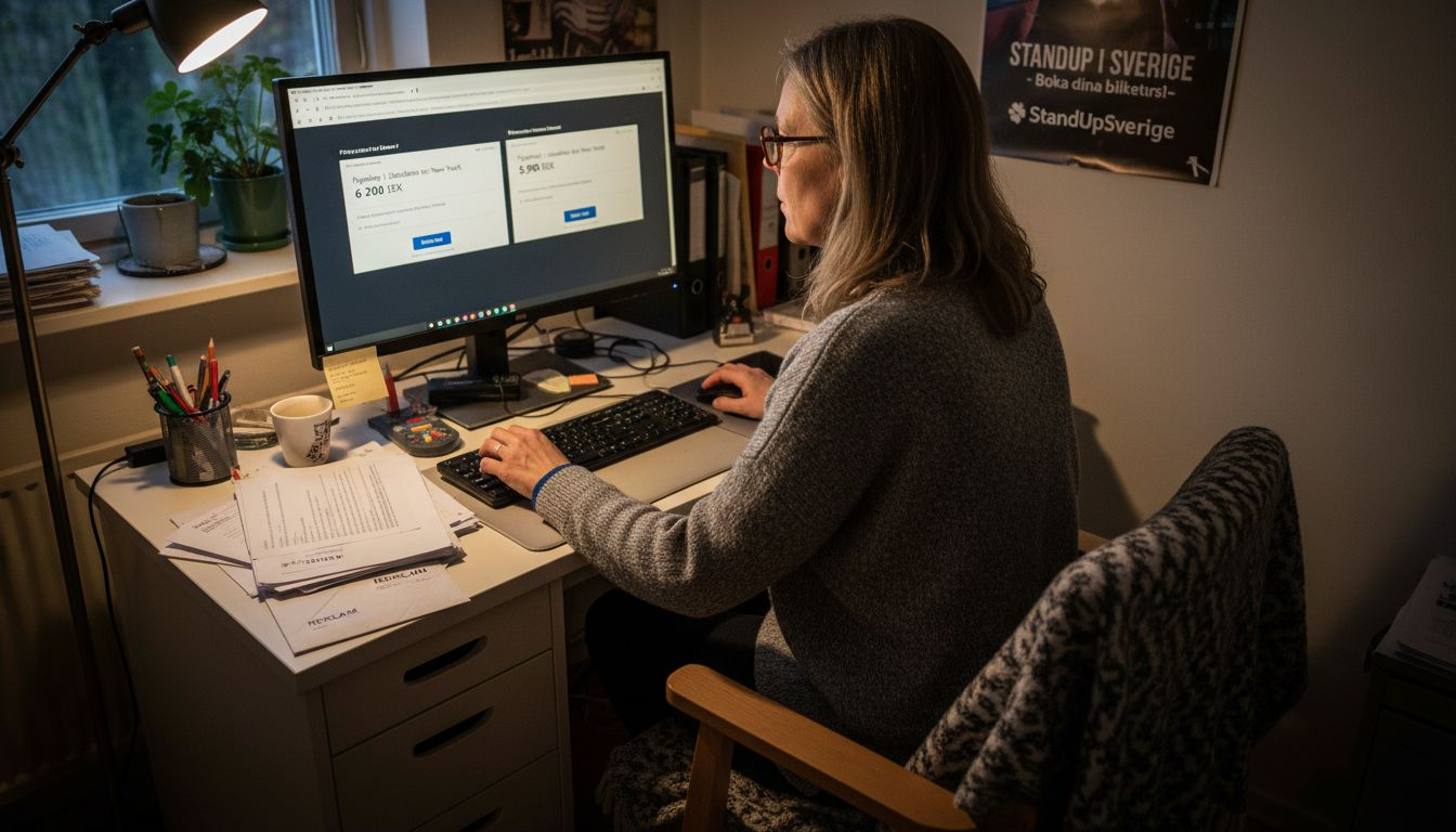 Kvinna sitter vid datorn och jämför biljettpriser på nätet