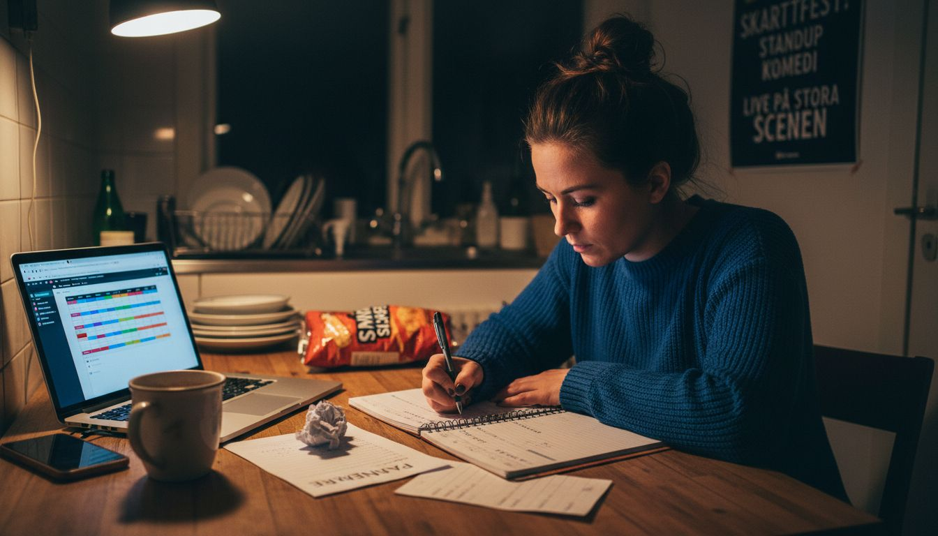 Komikern sitter uppe sent och klurar på nya idéer för sitt flöde i sociala medier.