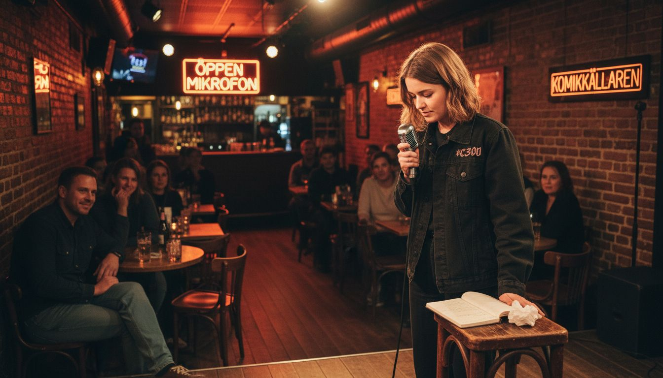 En ståuppkomiker testar nytt material på en open mic-kväll