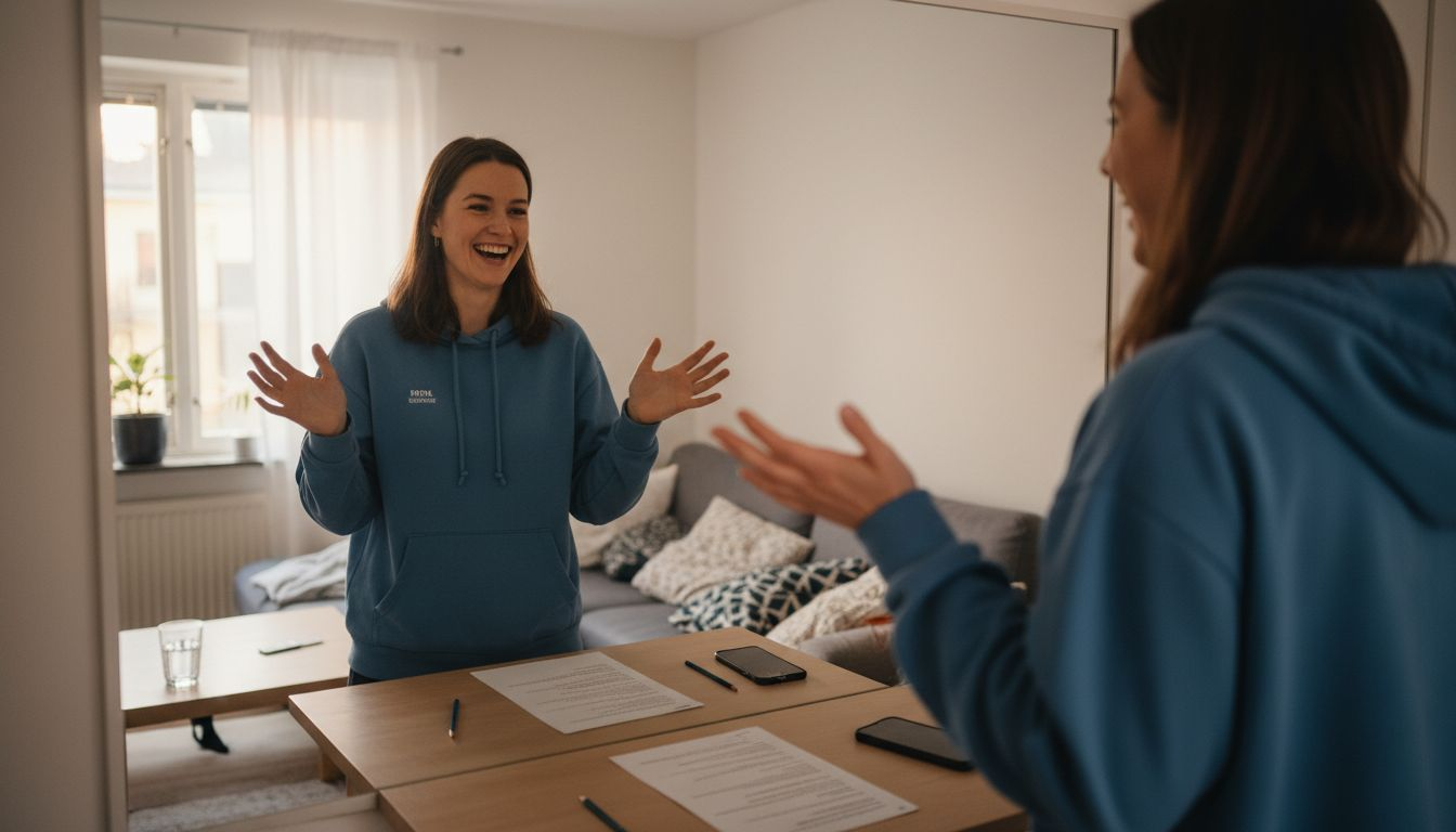 En komiker övar sitt standup-material framför spegeln.