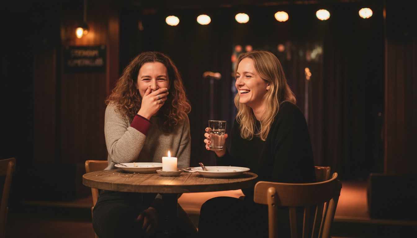 Ett gäng kvinnor skrattar högt i publiken på en standup-klubb.