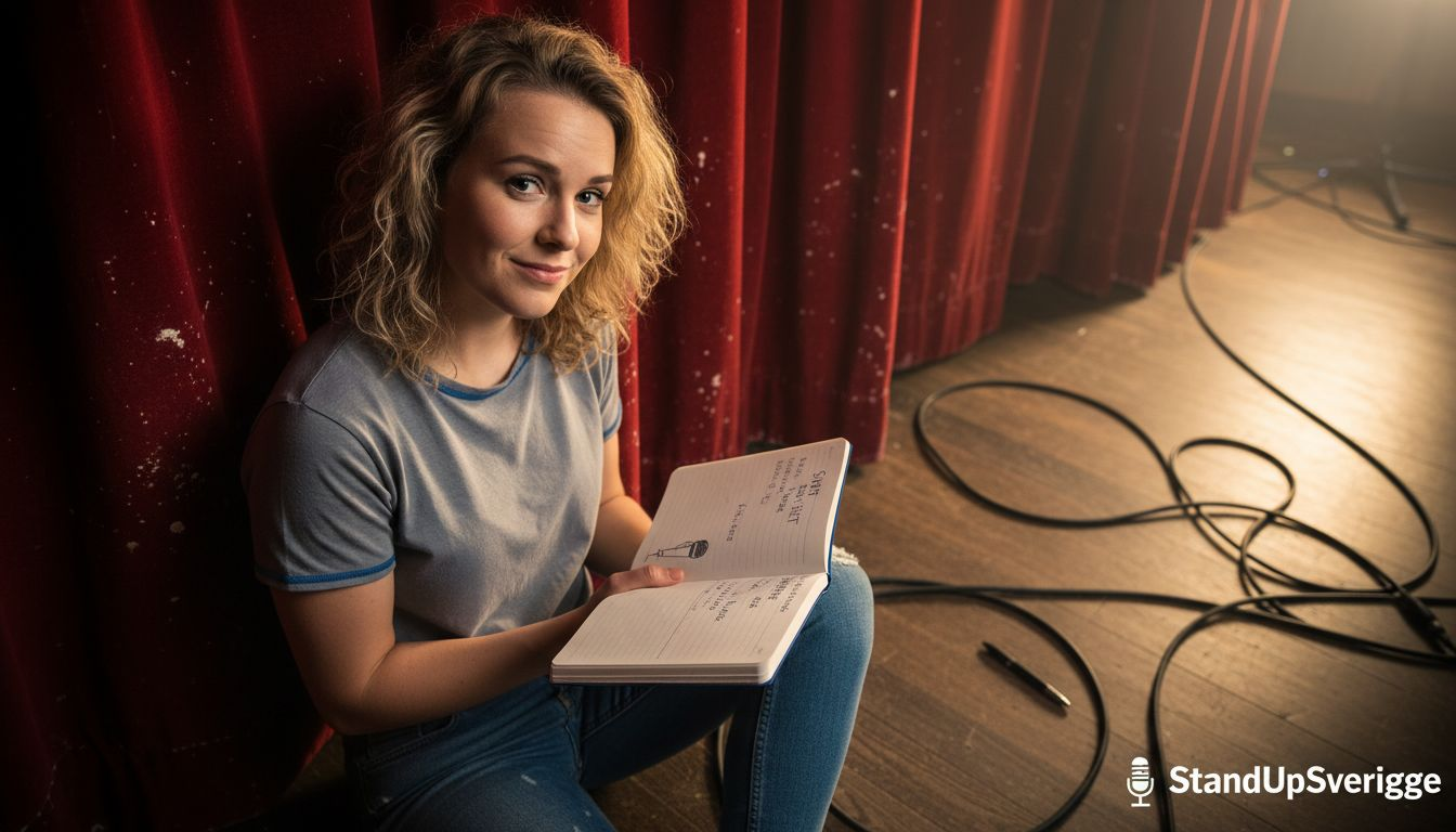 En kvinnlig ståuppkomiker gör sig redo bakom kulisserna inför sin show.